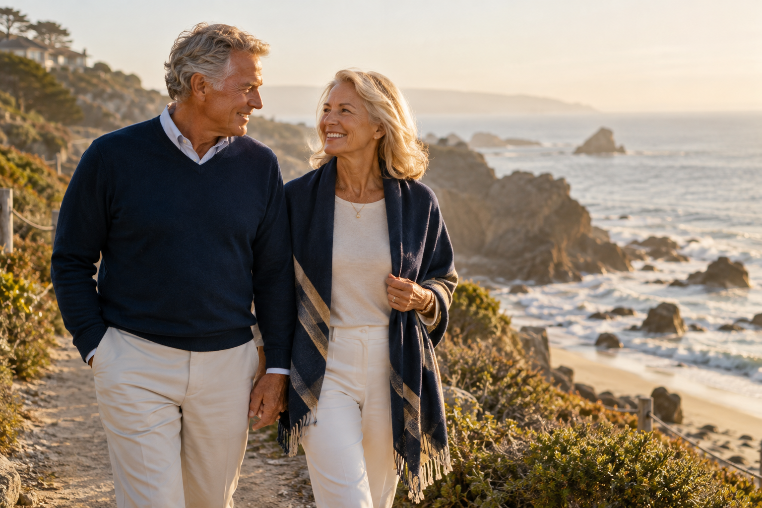 Retired couple enjoying a walk along the coast