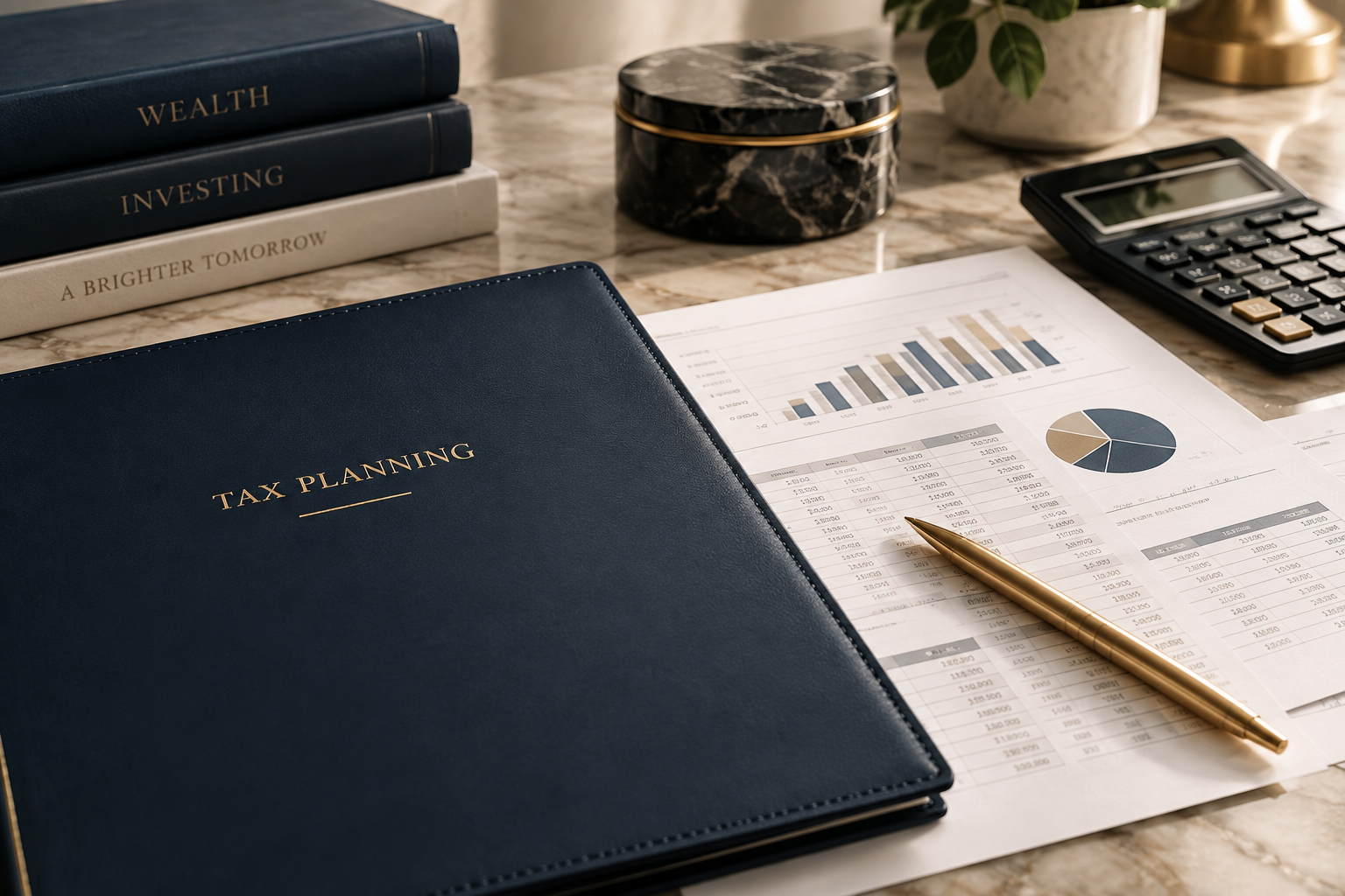 Tax planning documents, calculator and gold pen on an elegant desk